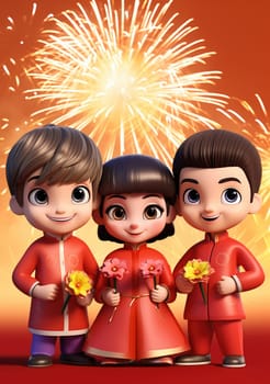 cute of character kids group friends on red chines culture suit of Chinese new year celebration concept with happy and funny.