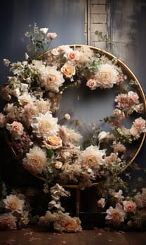 floral hoop digital backdrops. shoot set up with prop Flower and wood backdrop. Flower on hanging round.