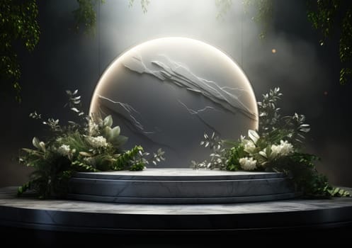 Dark podium, showcase for advertising products and goods. Display with natural stones and green tropical branches. Background for natural cosmetics and branding.