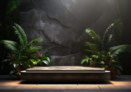 Dark podium, showcase for advertising products and goods. Display with natural stones and green tropical branches. Background for natural cosmetics and branding.