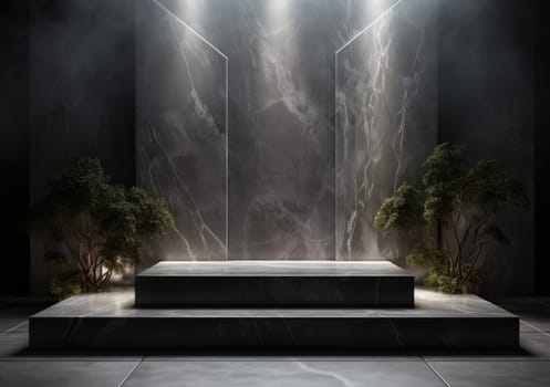 Dark podium, showcase for advertising products and goods. Display with natural stones and green tropical branches. Background for natural cosmetics and branding.