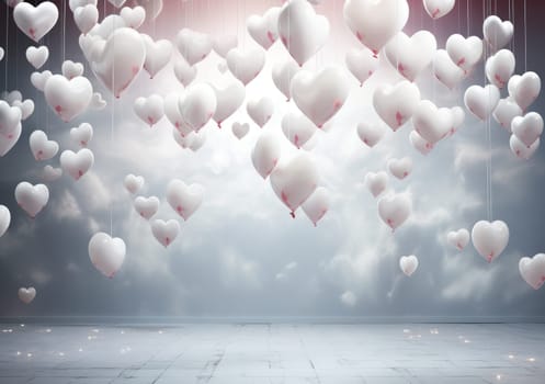 floating hearts in a white studio, backdrop.