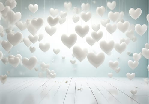 floating hearts in a white studio, backdrop.