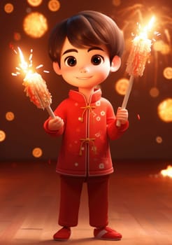 cute character kids of Chinese new year celebration concept holding lantern and firework in 3d character