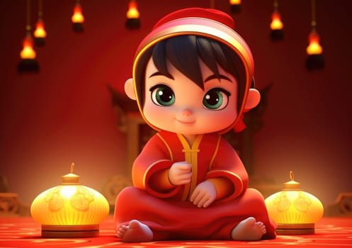 cute character kids of Chinese new year celebration concept holding lantern and firework in 3d character