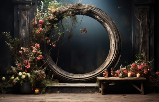 floral hoop digital backdrops. shoot set up with prop Flower and wood backdrop. Flower on hanging round.