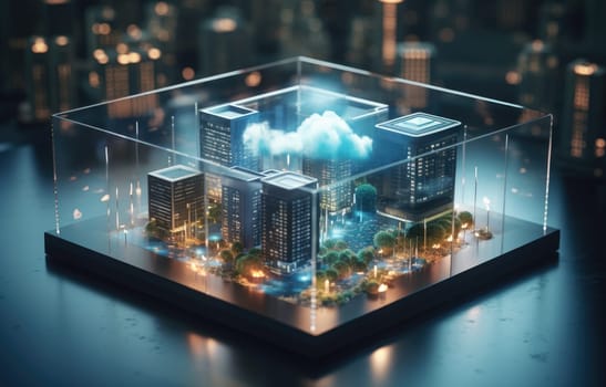 Cloud computing concept. Smart city wireless internet communication with cloud storage, cloud services. Download, upload data on server. Digital cloud over virtual Smart City on podium.