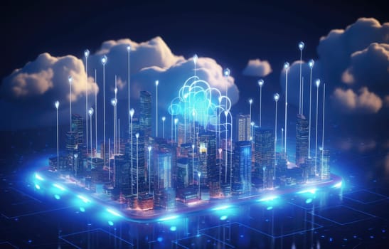 Cloud computing concept. Smart city wireless internet communication with cloud storage, cloud services. Download, upload data on server. Digital cloud over virtual Smart City on podium.