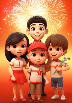 cute of character kids group friends on red chines culture suit of Chinese new year celebration concept with happy and funny.