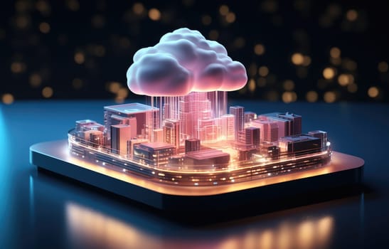 Cloud computing concept. Smart city wireless internet communication with cloud storage, cloud services. Download, upload data on server. Digital cloud over virtual Smart City on podium.