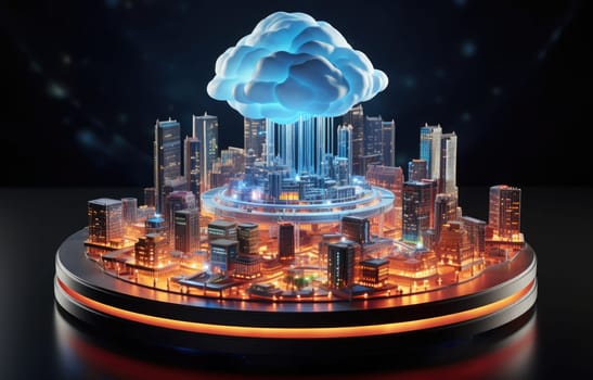 Cloud computing concept. Smart city wireless internet communication with cloud storage, cloud services. Download, upload data on server. Digital cloud over virtual Smart City on podium.