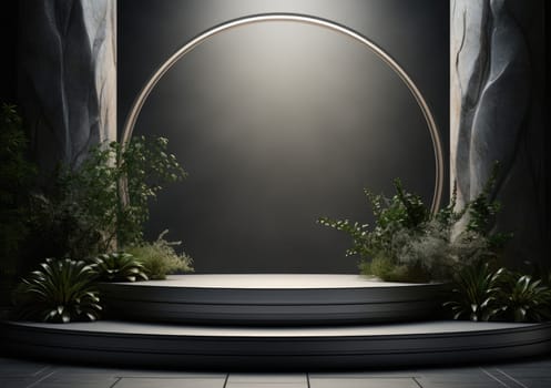 Dark podium, showcase for advertising products and goods. Display with natural stones and green tropical branches. Background for natural cosmetics and branding.