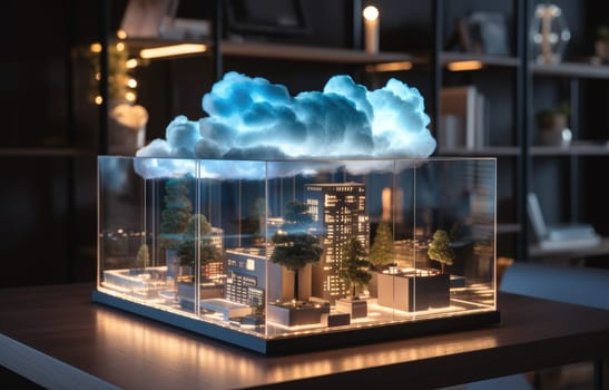 Cloud computing concept. Smart city wireless internet communication with cloud storage, cloud services. Download, upload data on server. Digital cloud over virtual Smart City on podium.