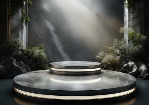 Dark podium, showcase for advertising products and goods. Display with natural stones and green tropical branches. Background for natural cosmetics and branding.