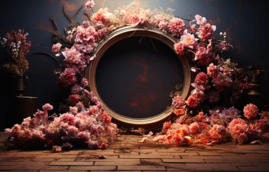 floral hoop digital backdrops. shoot set up with prop Flower and wood backdrop. Flower on hanging round