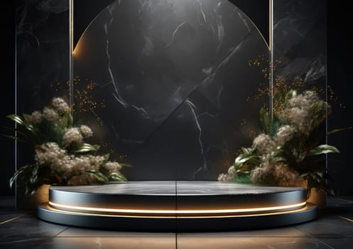 Dark podium, showcase for advertising products and goods. Display with natural stones and green tropical branches. Background for natural cosmetics and branding.