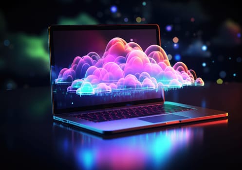 Business cloud computing: digital screen with application cloud service at neon style.