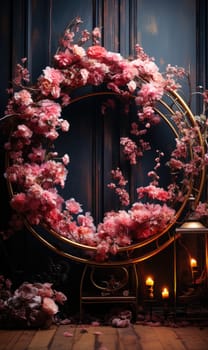 floral hoop digital backdrops. shoot set up with prop Flower and wood backdrop. Flower on hanging round.