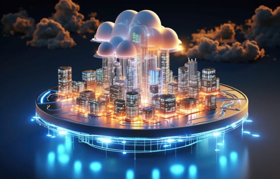 Cloud computing concept. Smart city wireless internet communication with cloud storage, cloud services. Download, upload data on server. Digital cloud over virtual Smart City on podium.