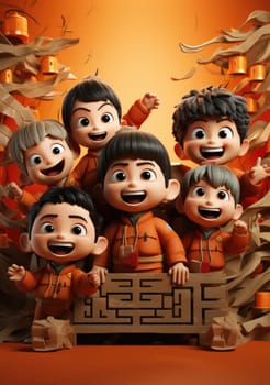 cute of character kids group friends on red chines culture suit of Chinese new year celebration concept with happy and funny.