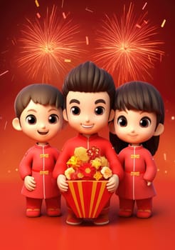 cute of character kids group friends on red chines culture suit of Chinese new year celebration concept with happy and funny.