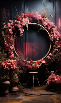 floral hoop digital backdrops. shoot set up with prop Flower and wood backdrop. Flower on hanging round.