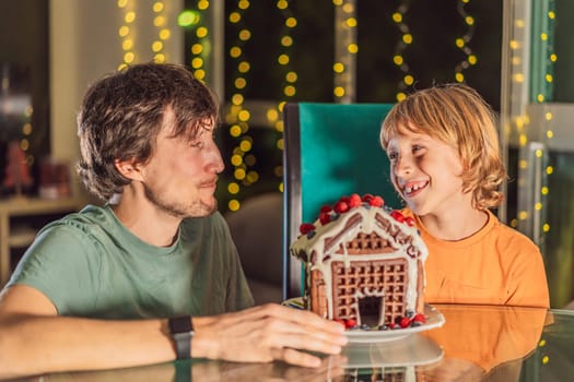 Savor unique moments as dad and son bite into an unconventional gingerbread house, adding a twist to Christmas traditions. A tasty blend of creativity and family joy.