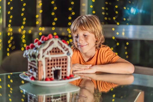 Immerse in festive delight as a boy crafts boy crafting an unconventional gingerbread house, infusing Christmas with unique creativity and festive cheer. A sweet scene of seasonal bonding and culinary fun.