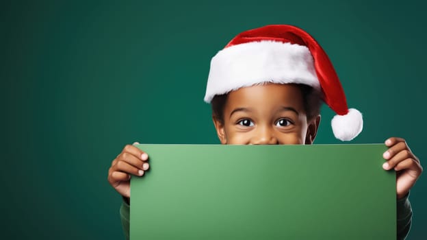 Surprised young black child in Santa hat hiding behind green advertisement board, Copy space for text or design, kid peeking out blank banner