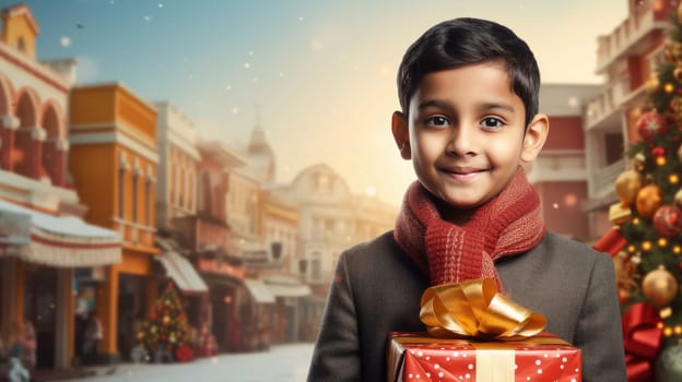 Indian kid with big giftbox is looking to the camera dusty street on background. Christmas support. Give and share kindness