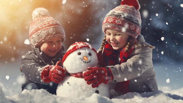 Kids building snow man playing outdoors on sunny snowy winter day. Outdoor family fun on Christmas vacation