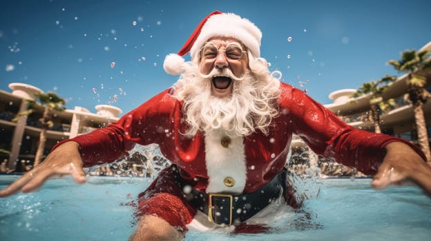 Santa Claus swim and relax in blue transparent pool water. Merry Christmas and Happy New Year travel destinations concept