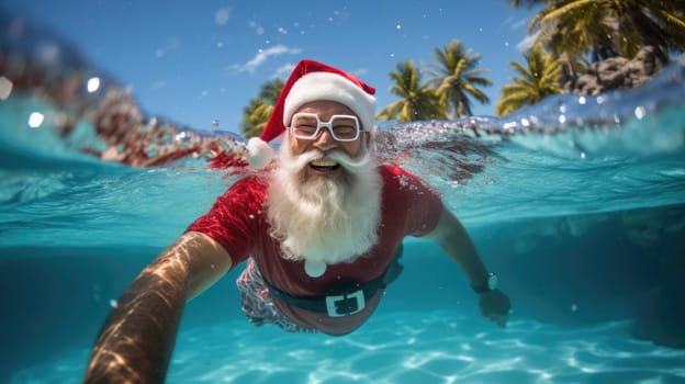 Santa Claus swim and relax in blue transparent pool water. Merry Christmas and Happy New Year travel destinations concept