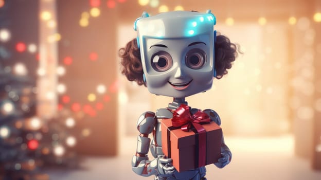 Shot of robot holding a small gift box. Holidays and celebration concept