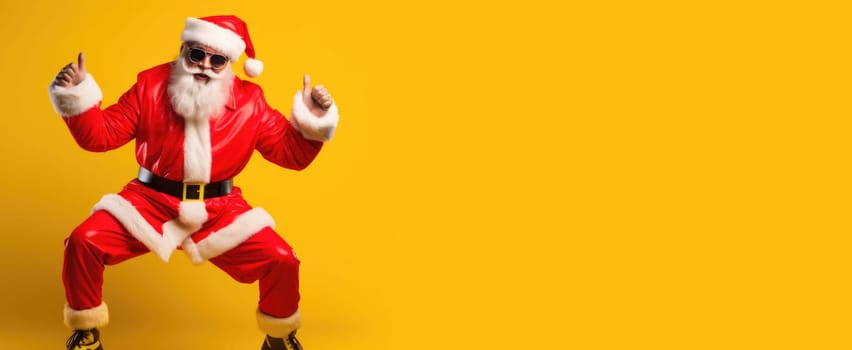 Portrait of funny crazy hipster Santa Claus in red hat fun Christmas x-mas party celebrate New year time dance on yellow background