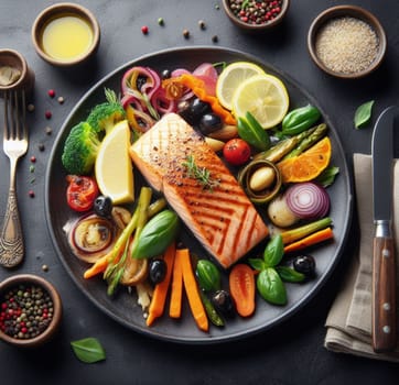 grilled wild salmon with steamed vegetables lunch menu ketogenic healthy eating ai generated