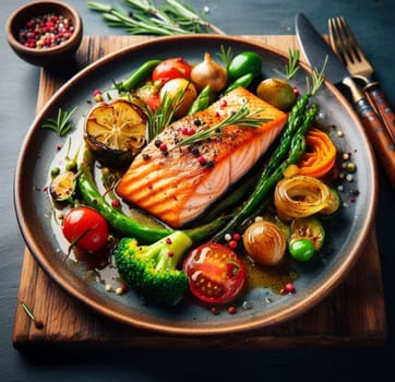 grilled wild salmon with steamed vegetables lunch menu ketogenic healthy eating ai generated