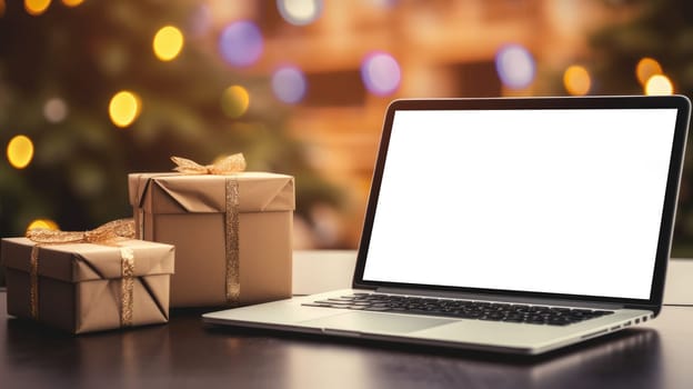 Delivered parcel box on table with laptop blurred home background. Christmas Online shopping. Black Friday sale