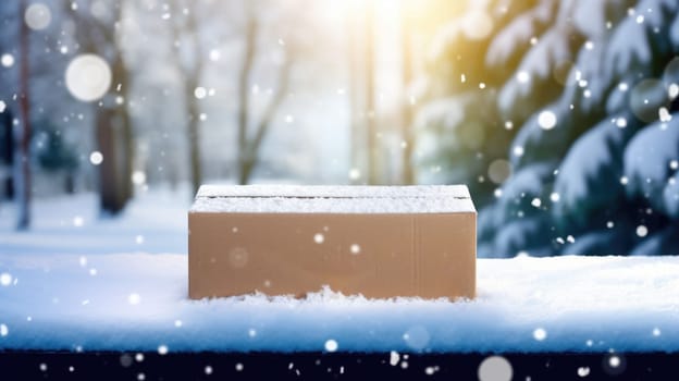 Delivered parcel box on door mat near winter snow entrance. Christmas online shopping. Black Friday sale