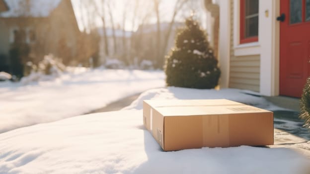 Delivered parcel box on door mat near winter snow entrance. Christmas online shopping. Black Friday sale