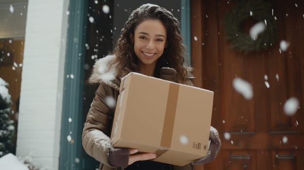 Smiling woman holding parcel box next to front door house entrance. Christmas holidays delivery. Black Friday Online shopping