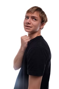 Blond teenager boy smiling on white background.