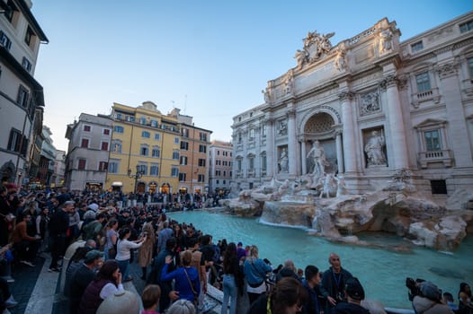 Rome, Italy: 2023 November 14: Tourists at the Trevi Fountain, the historic center of the city of Rome in Italy in 2023.