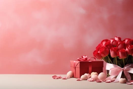 Valentine's Day blank space with gift boxes, roses, red heart, background generative ai