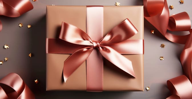 A wrapped gift box with a bow on a wooden table. Gift or present box. Flat lay style with copy space. Generative AI