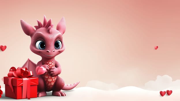 Valentine's Day blank space with cute dragon gift boxes, roses, red heart, background generative ai