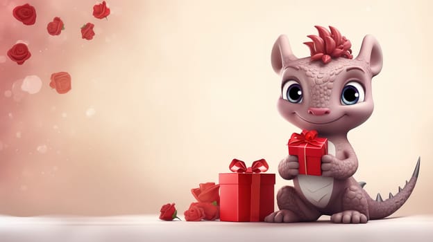 Valentine's Day blank space with cute dragon gift boxes, roses, red heart, background generative ai