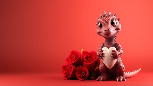 Valentine's Day blank space with cute dragon gift boxes, roses, red heart, background generative ai