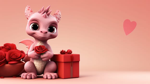 Valentine's Day blank space with cute dragon gift boxes, roses, red heart, background generative ai