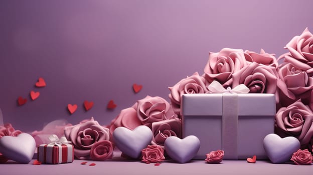 Valentine's Day blank space with gift boxes, roses, red heart, background generative ai